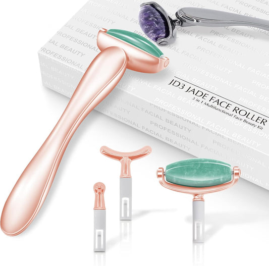 Jade Face Roller with 3 Interchangeable Heads, Facial Tools Face Rollers for Women, Face Massage Skin Care Beauty Tools (Green+Rose)