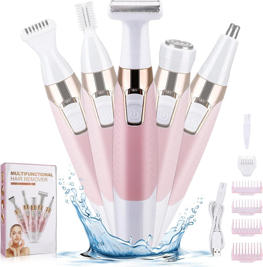 Face Razors for Women,  Bikini Trimmer 5 in 1 Wet/Dry Electric Shaver Razors for Face Nose Eyebrow Beard Mustache Arm Leg Armpit Pubic Area Painless Rechargeable Facial Hair Removal for Women